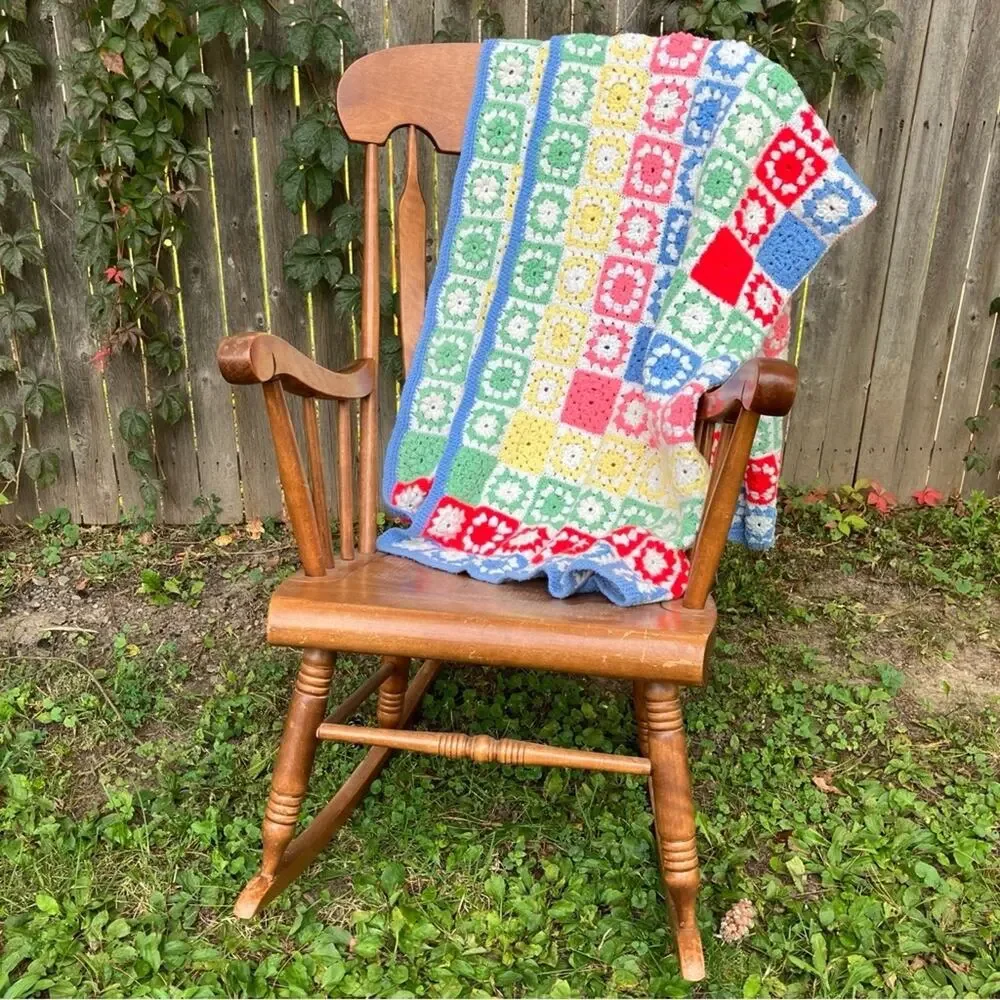 Vintage Colorful Granny Square Crocheted Throw Blanket 48x66